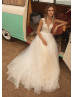 Deep V Neck Ivory Lace Tulle Wedding Dress